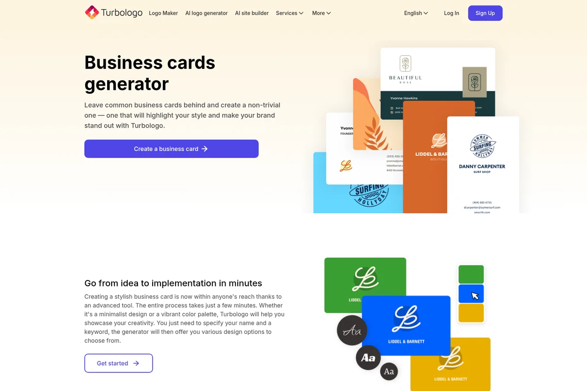 Turbologo business card generator page displaying diverse business card designs and customization options.