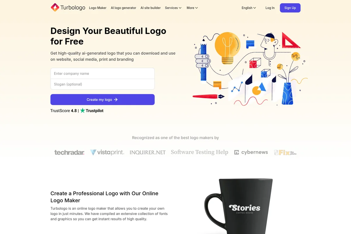 Turbologo homepage showing logo creation input fields and a vibrant illustration of design elements, inviting users to generate a free logo.