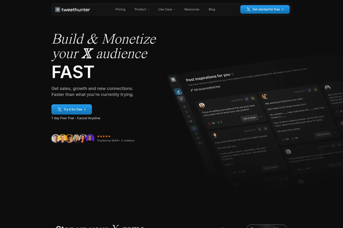 TweetHunter workspace UI showing AI-powered post inspirations and content ideas with a dark-mode, minimalist design.