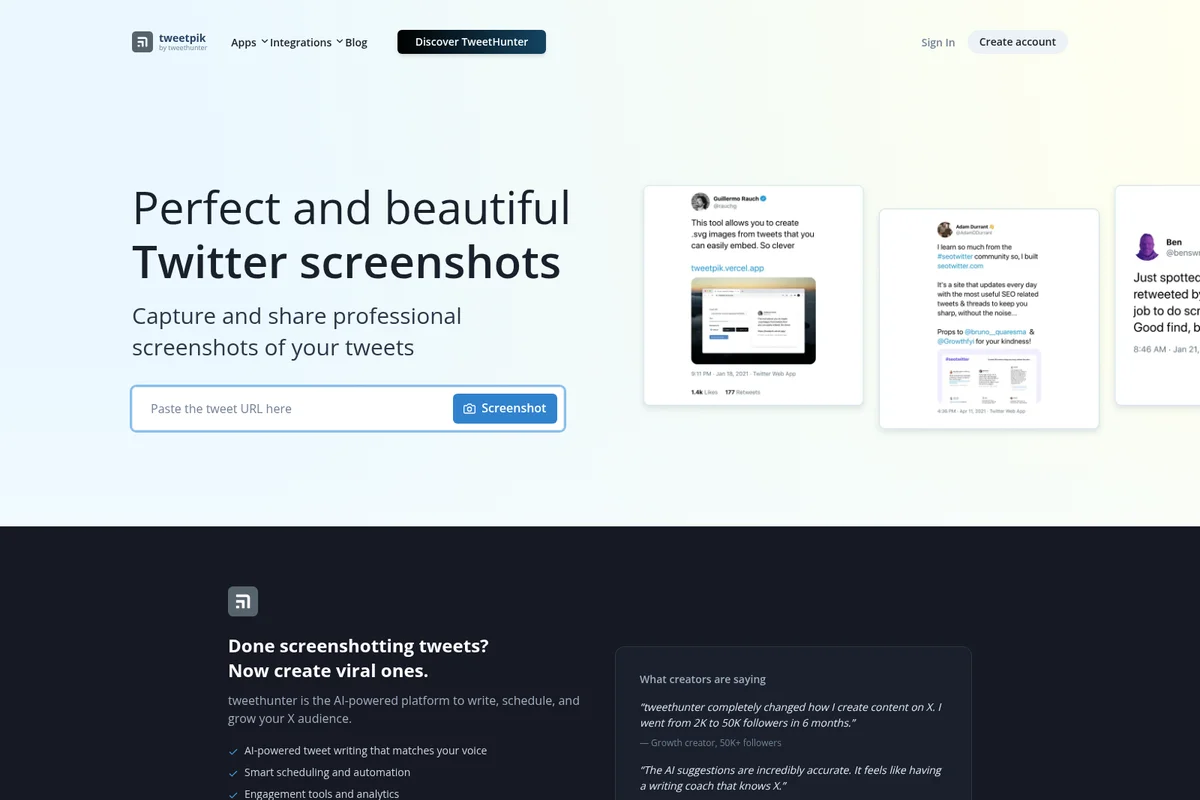 Tweetpik workspace showing a URL input to generate professional Twitter screenshots, with examples of elegant tweet outputs.
