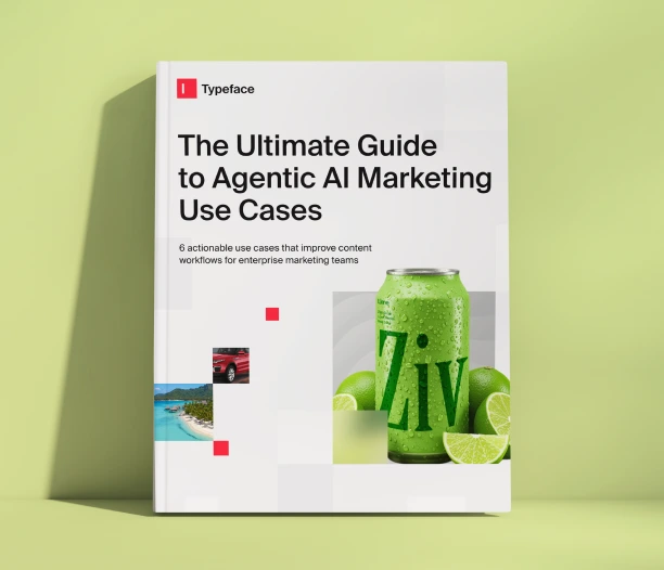 Typeface marketing guide showing Agentic AI Marketing Use Cases with a professional book cover design.