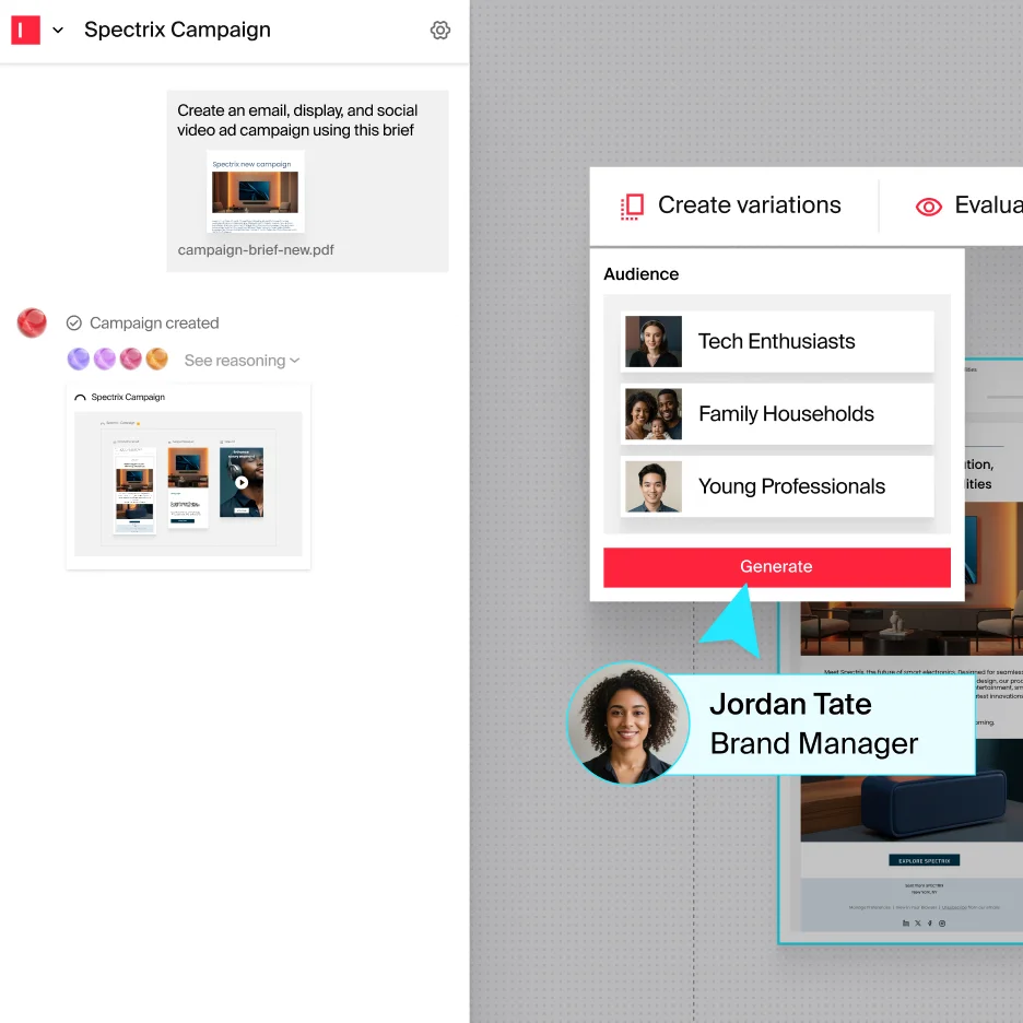Spectrix campaign management workspace showing creation of ad variations for specific audiences with a clean, modern UI.