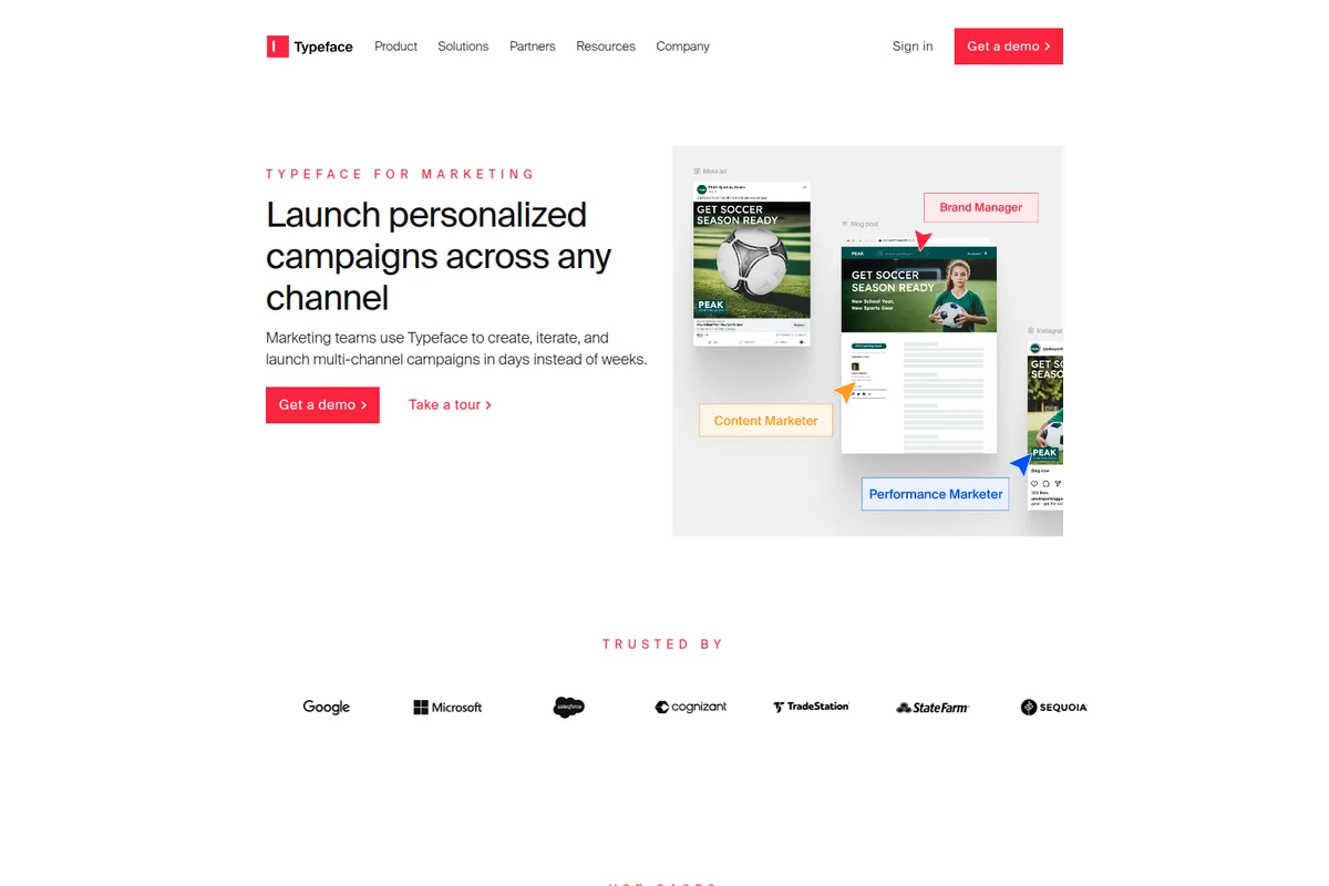 Typeface marketing page demonstrating personalized campaigns across channels, with different marketer views and a clean interface.