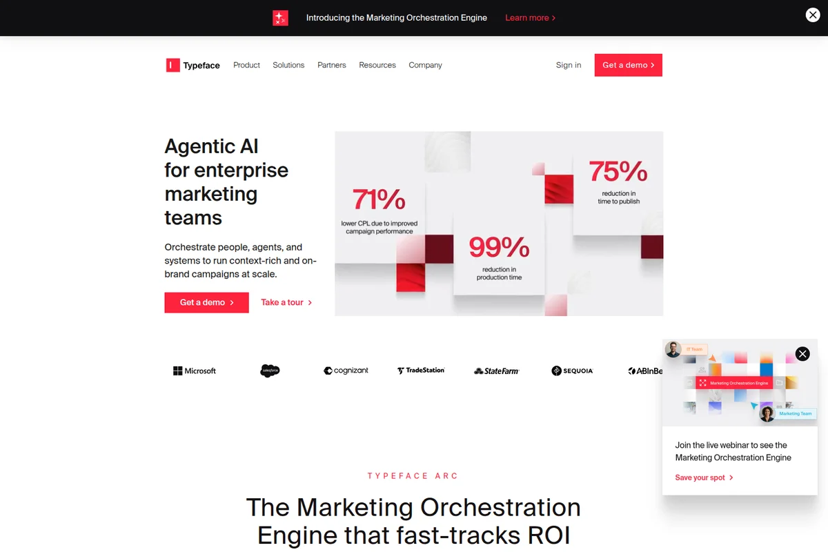 Typeface homepage showcasing Marketing Orchestration Engine benefits with 71%, 99%, and 75% efficiency stats on a clean, modern interface.