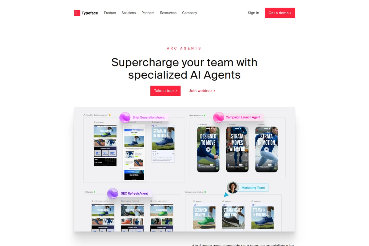 Typeface AI Agent workspace showing various marketing content generations like landing pages, email, video ads, and social posts in a clean multi-module interface.