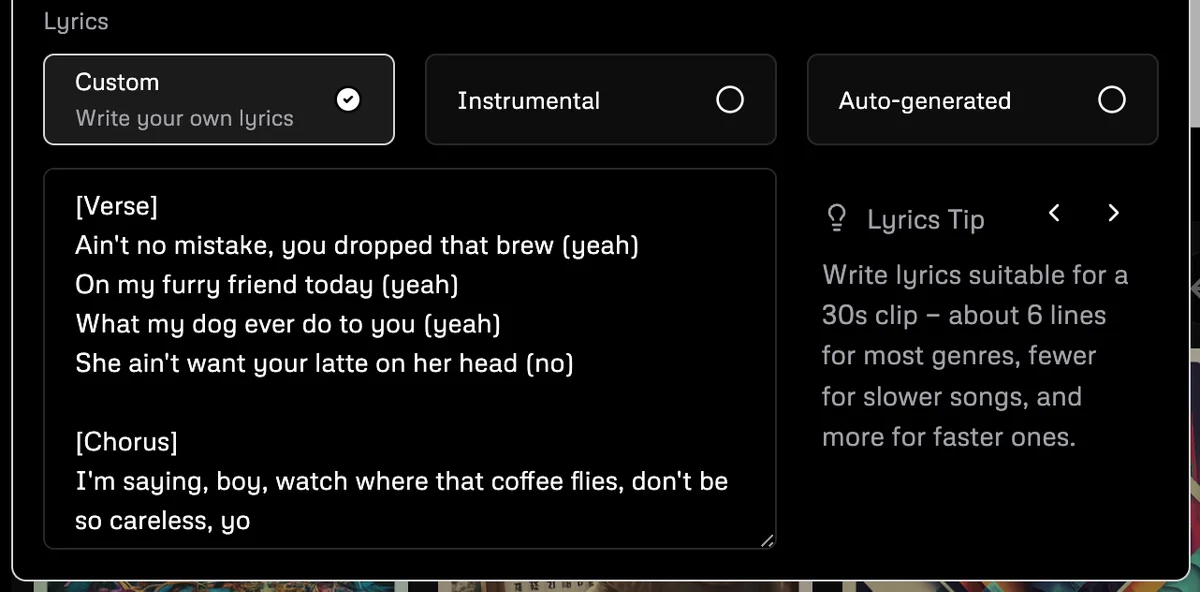 Udio lyrics editor showing a user writing custom song lyrics in a dark-mode interface with options for instrumental or auto-generated lyrics.