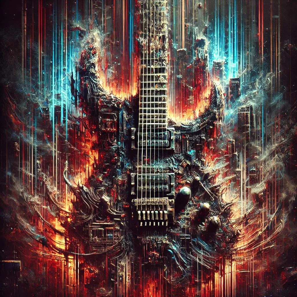 udio AI music visualization showing a glowing electric guitar integrated with circuits and a cityscape in a fiery cyberpunk style.