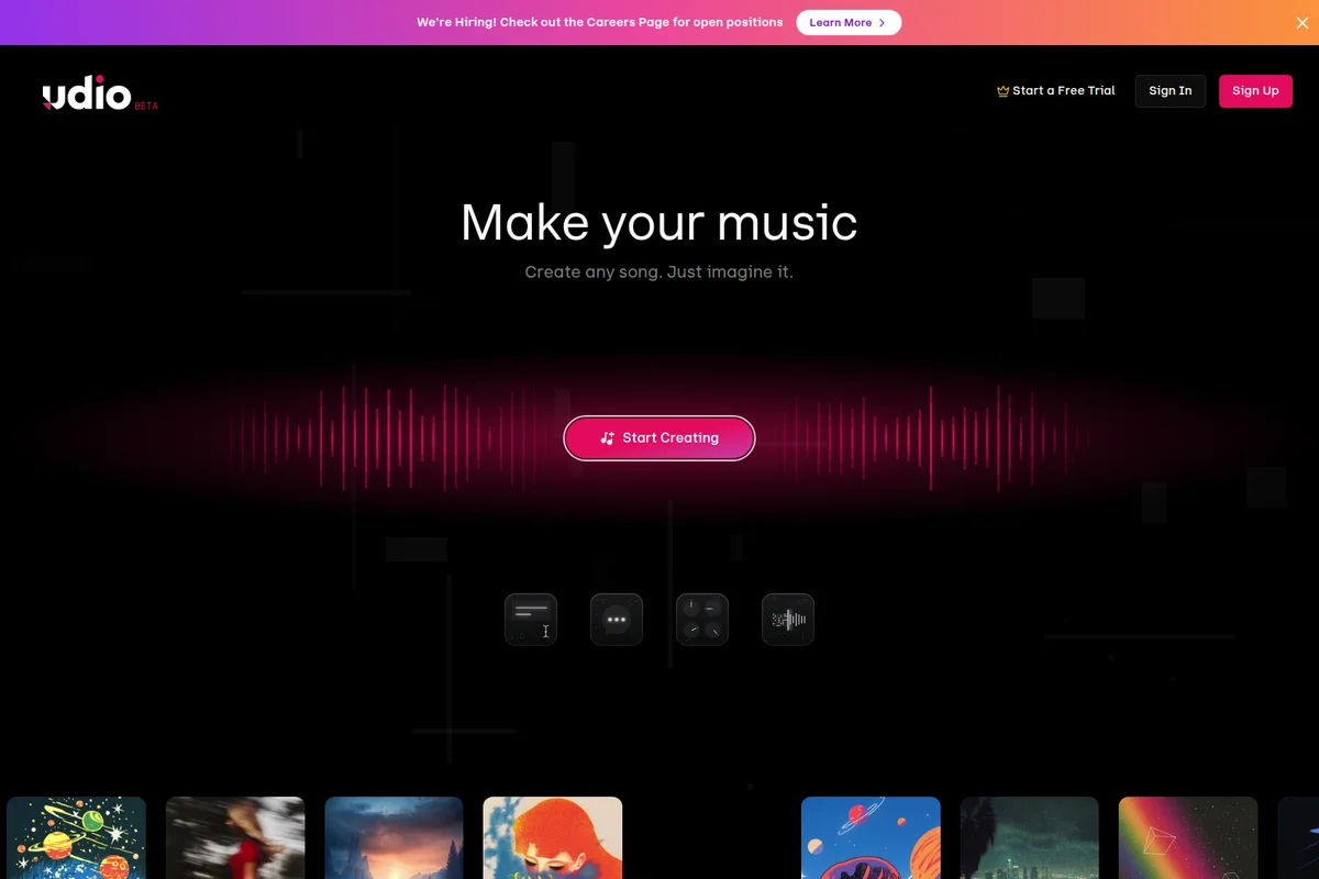 Udio workspace UI showing the music creation prompt with a glowing pink audio waveform and dark-mode sleek aesthetic