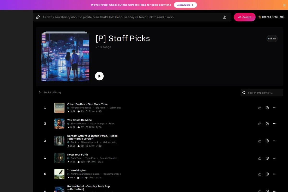 Udio music player UI displaying a 'Staff Picks' playlist with diverse song titles, album art, and a dark-mode interface.
