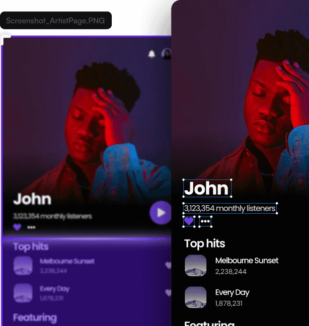 Uizard artist profile UI showcasing monthly listeners and top hits with a striking dark-mode aesthetic.