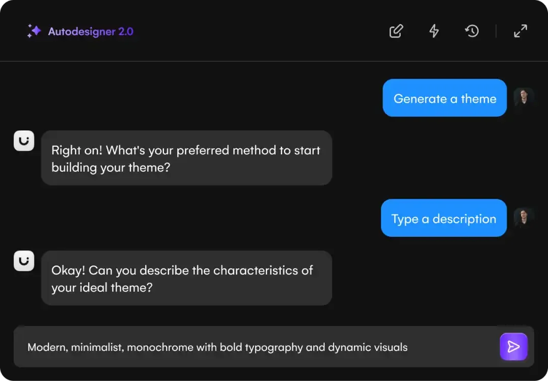 Autodesigner 2.0 conversational UI demonstrating theme generation with a dark-mode minimalist aesthetic.