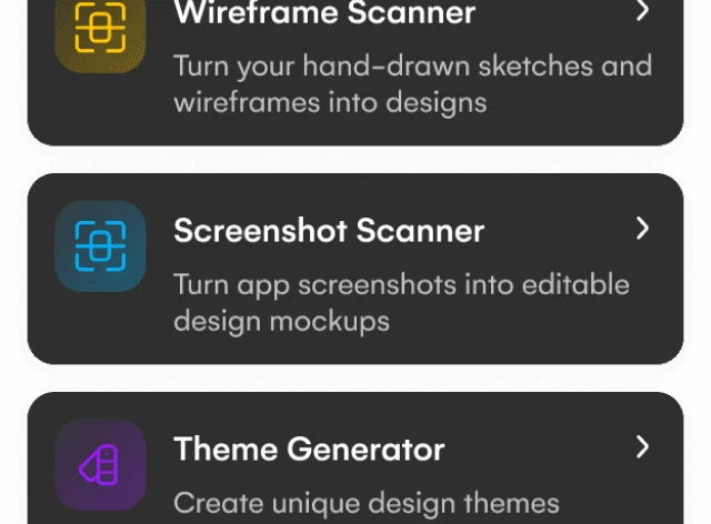 Uizard feature gallery showcasing Wireframe Scanner, Screenshot Scanner, and Theme Generator with a modern dark-mode interface.