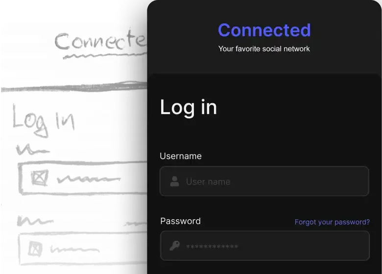 Uizard feature demonstration showing a hand-drawn login screen transformed into a polished dark-mode digital UI.