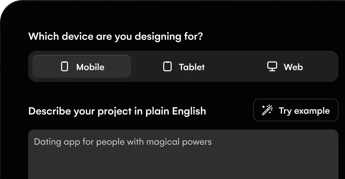 Uizard workspace UI showing project setup for device type and description with a dark-mode sleek interface.