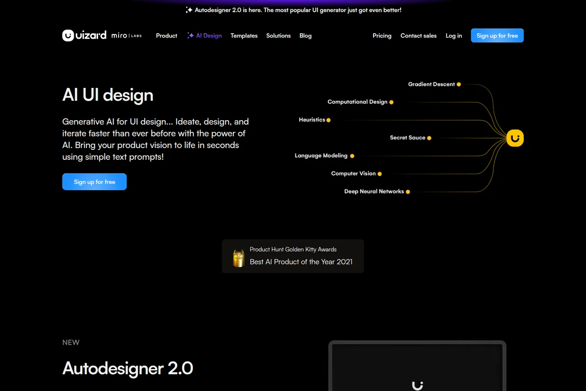 Uizard AI design landing page showing generative AI capabilities with a dark-mode interactive graphic.