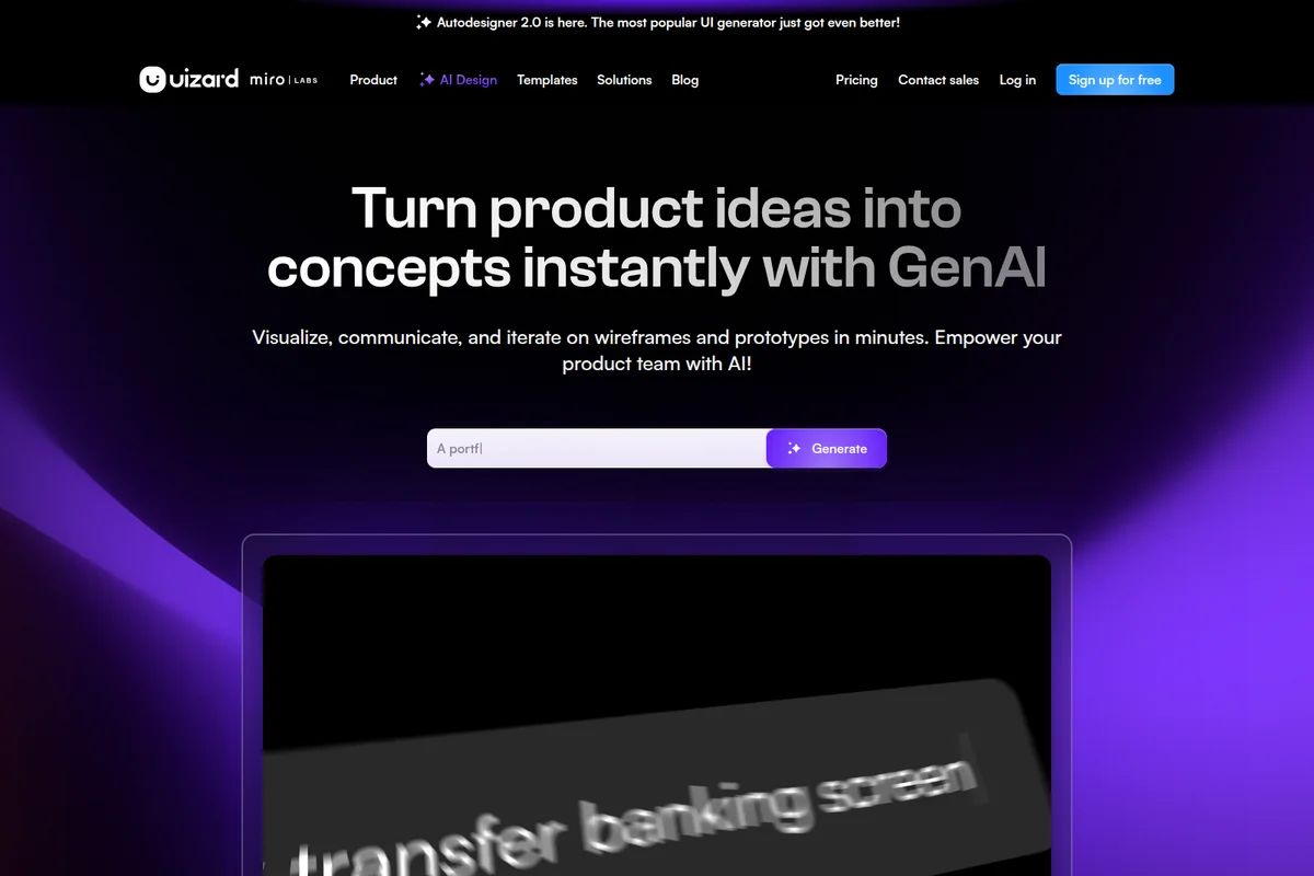 Uizard AI design workspace showing text input for generating product concepts, with a video preview of a UI output, in a modern dark-mode interface.