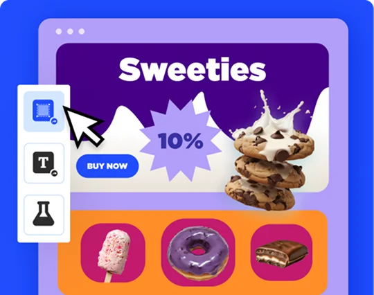 Unbounce workspace showing a landing page editor with a 'Sweeties' template and component selection tools in a vibrant UI.