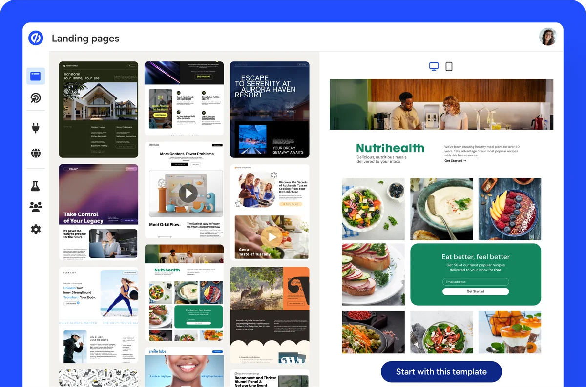 Unbounce landing page template gallery showing diverse templates and a live preview in a clean web application interface.