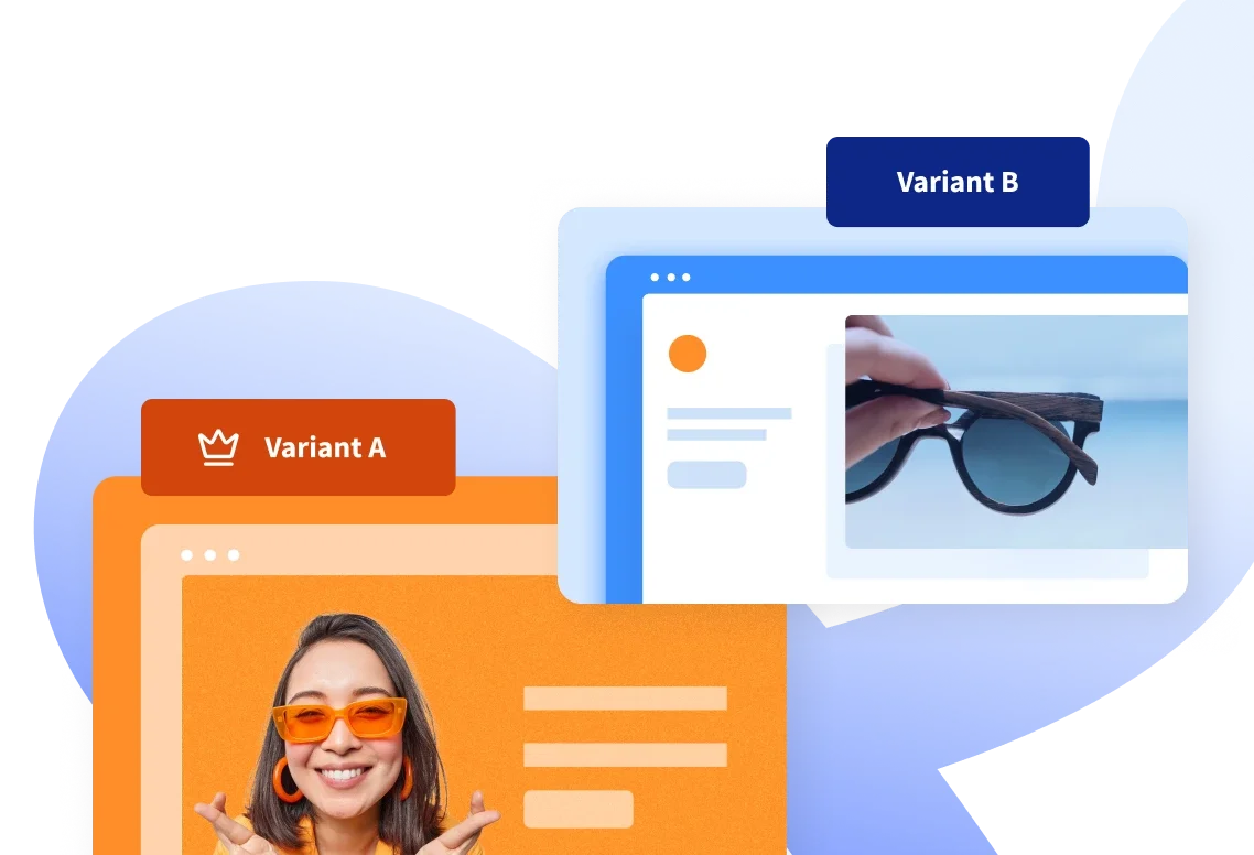 Unbounce feature deep-dive showing two distinct landing page variants, A and B, for A/B testing in a modern layered interface.