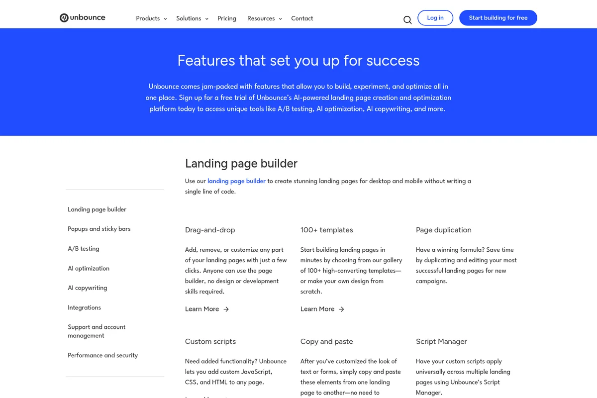 Unbounce features page highlighting landing page builder capabilities and optimization tools.