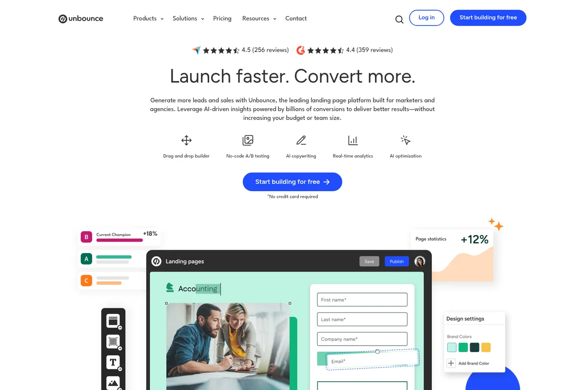 Unbounce workspace showing a landing page builder with drag-and-drop elements, form fields, and design settings in a clean, modern interface.