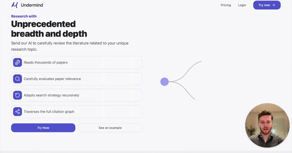 Undermind AI research tool feature page demonstrating capabilities like reading papers and traversing citation graphs.