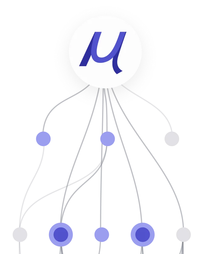 Undermind conceptual graphic showing a central 'mu' symbol connected to a network of diverse nodes, illustrating complex relationships.
