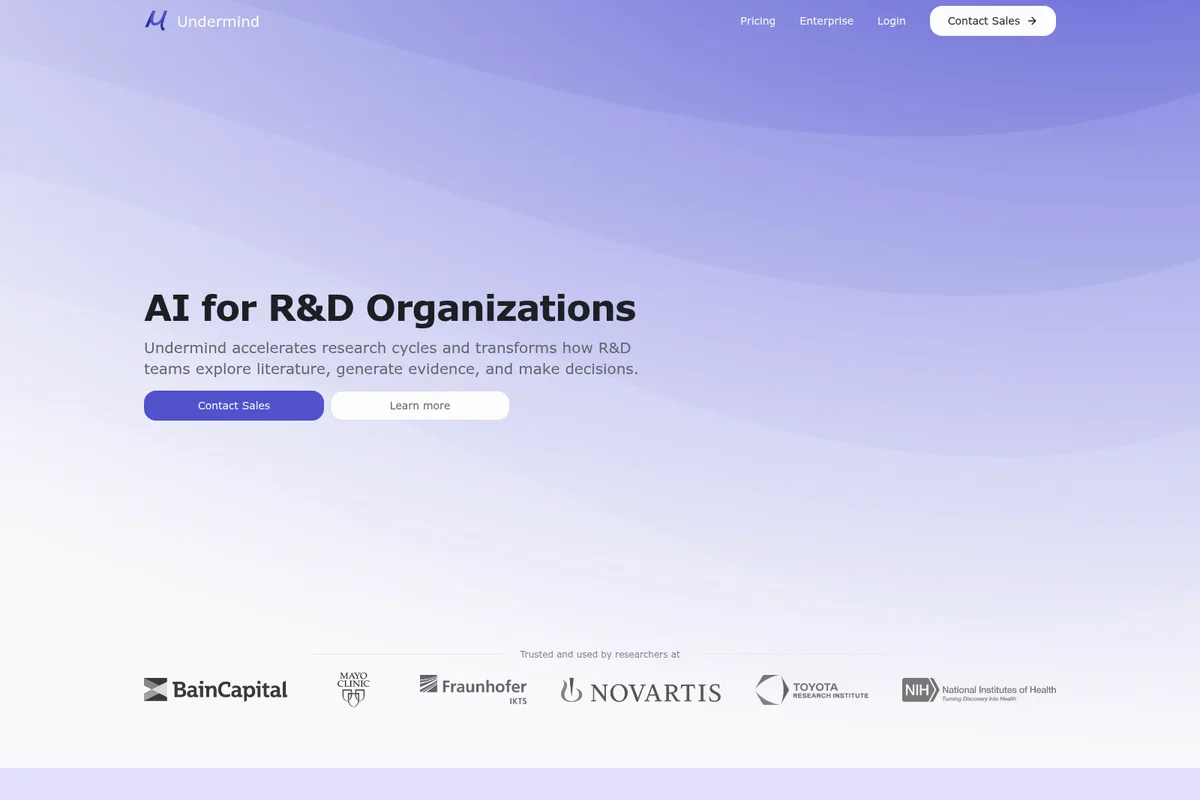 Undermind landing page promoting AI for R&D Organizations with a modern gradient interface and partner logos.