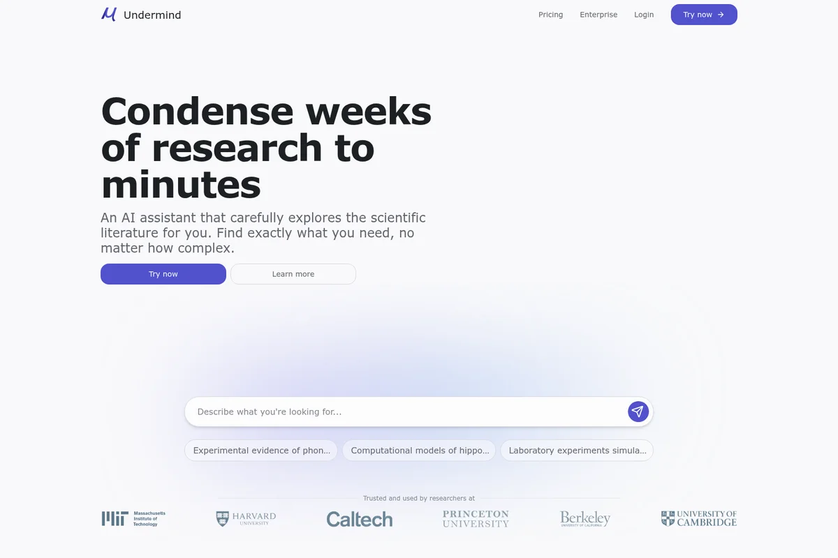 Undermind homepage hero section promoting an AI research assistant with a search input field and university trust badges in a clean, modern interface.