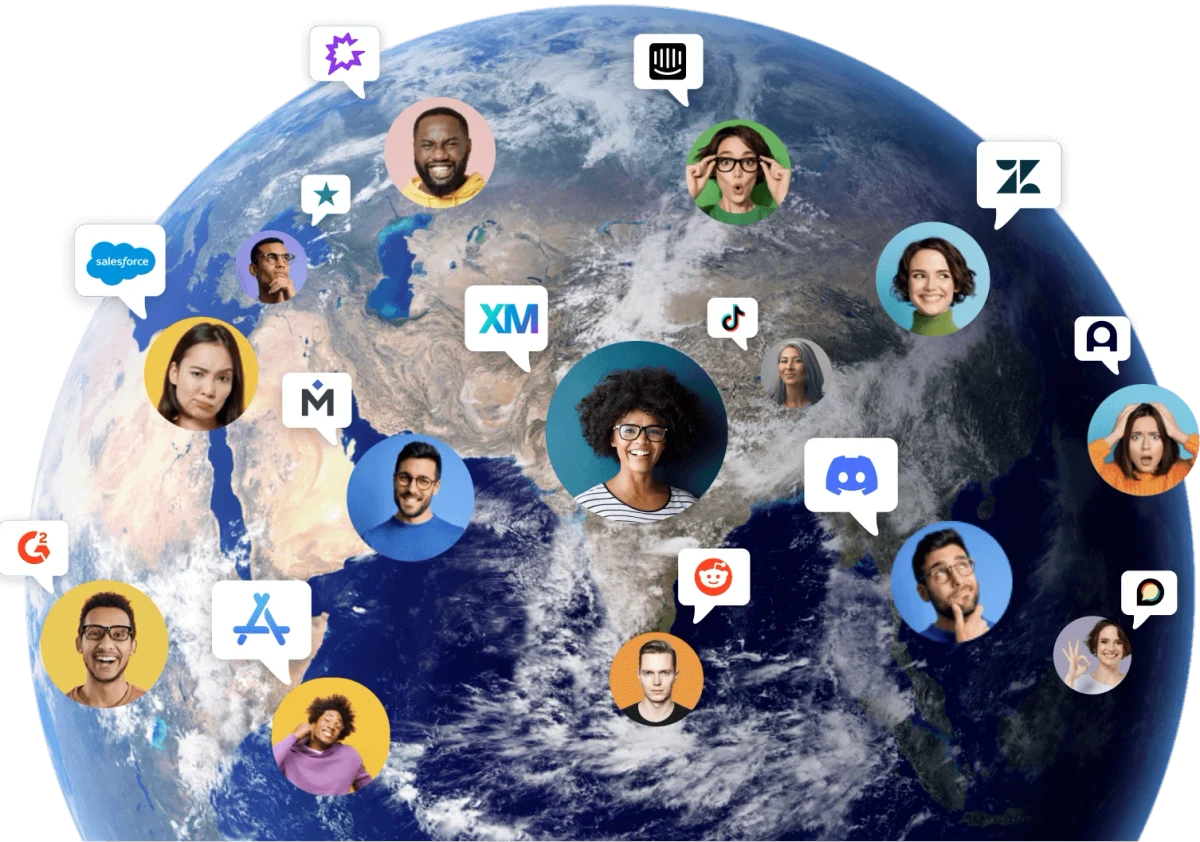 Unitq landing page hero image showing a globe with diverse people and app logos connected by speech bubbles, representing global user community and platform integration.