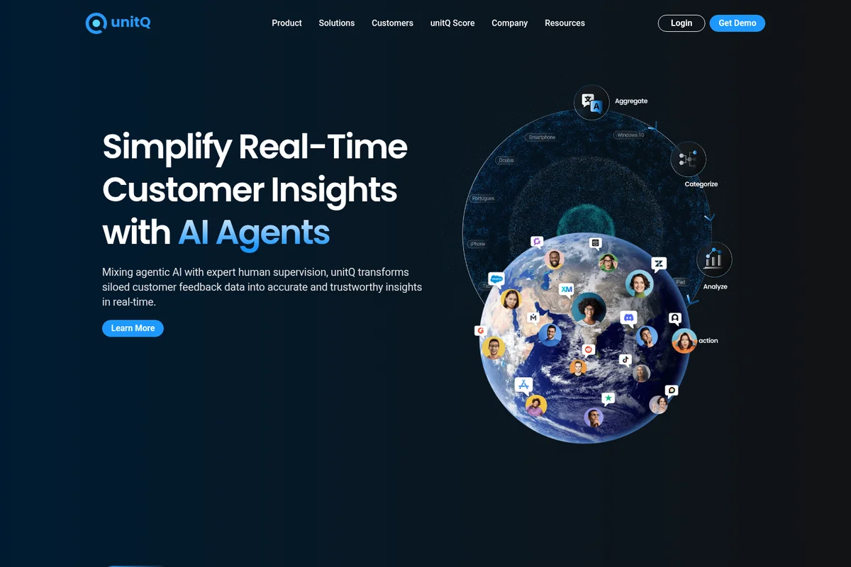 unitQ landing hero showing AI agents processing customer insights from global sources with a dark, dynamic graphic interface.