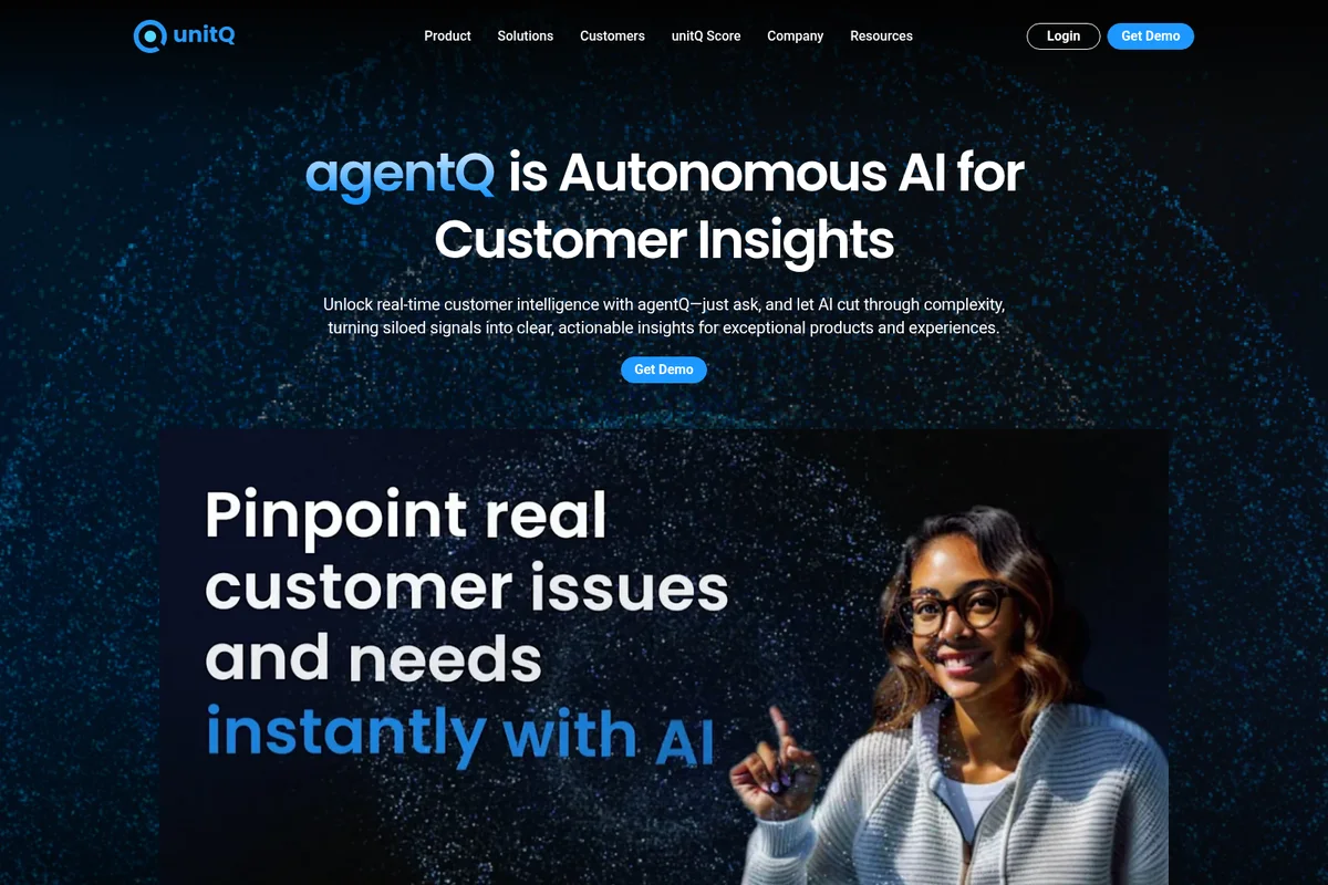 unitq agentQ landing page hero showcasing autonomous AI for customer insights with a dark-themed background and a smiling woman.