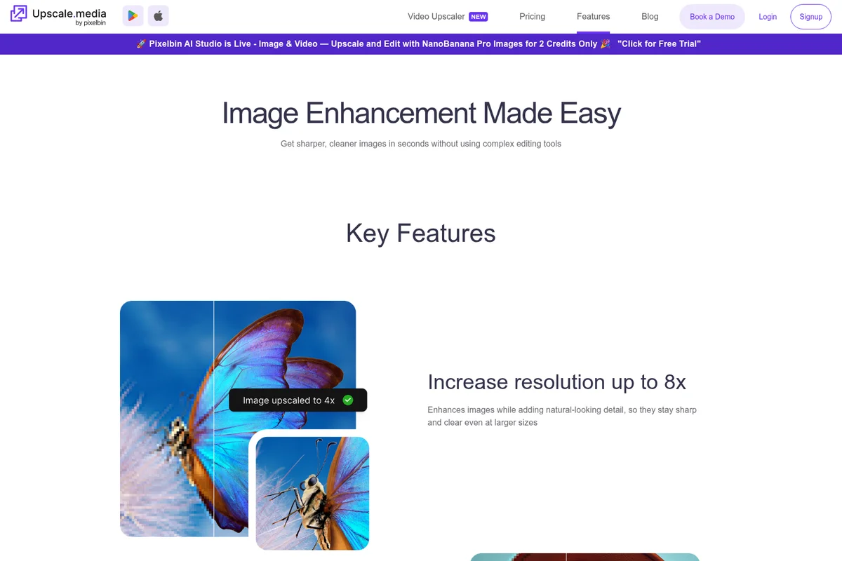 Upscale.media feature demo showing a butterfly image upscaled 4x, highlighting enhanced detail and clarity.