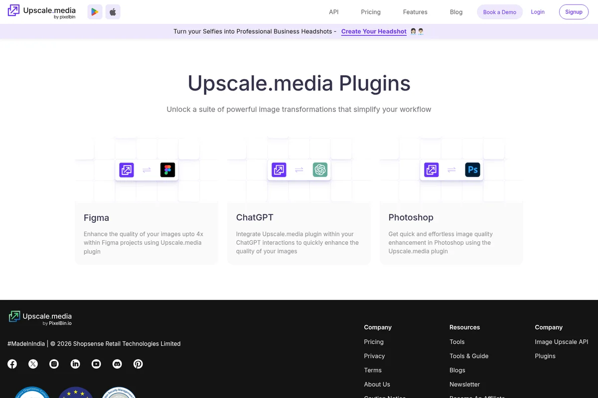 Upscale.media plugins page showing integrations with Figma, ChatGPT, and Photoshop in a clean, light interface.