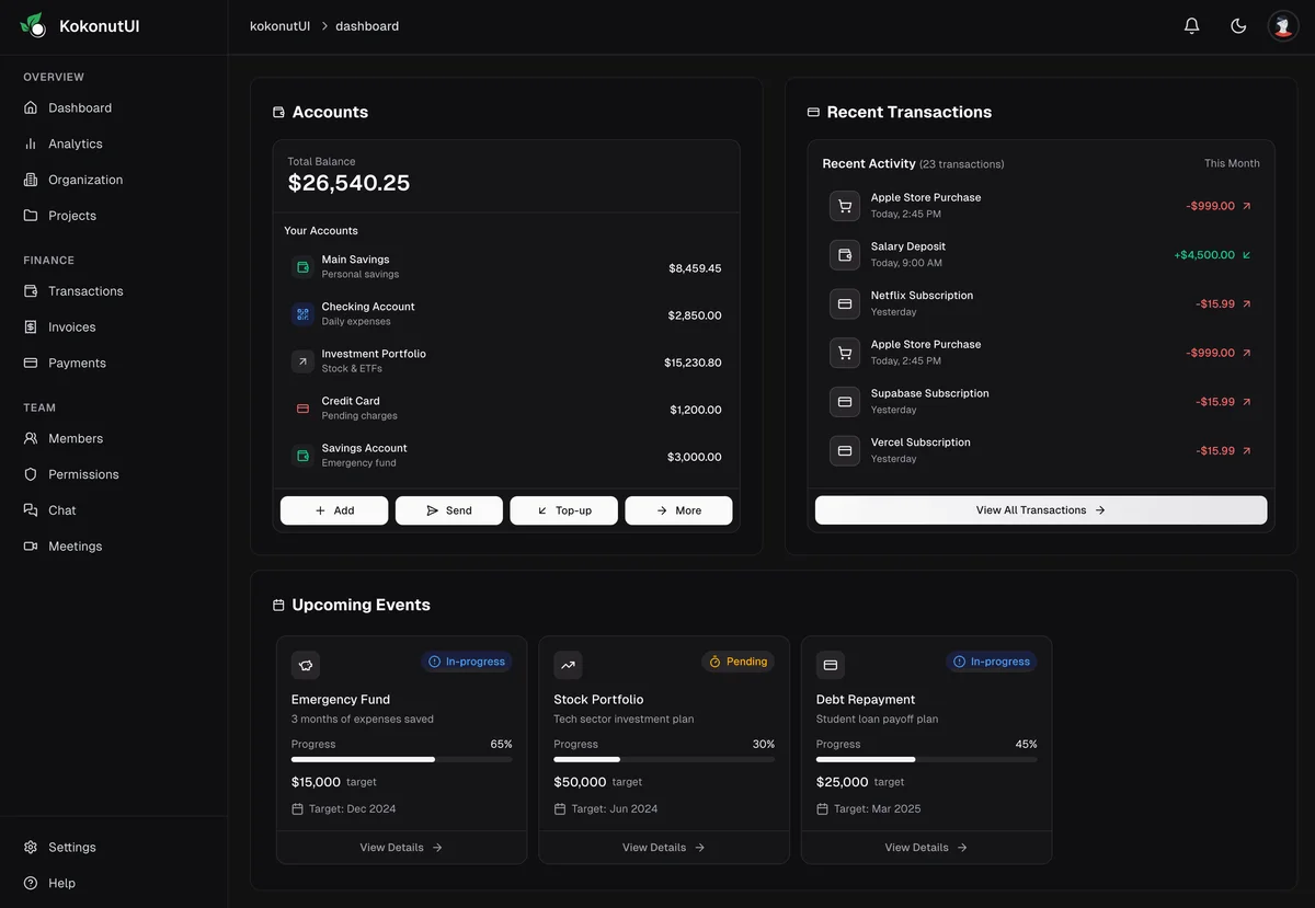 KokonutUI dashboard showing a comprehensive financial overview with recent transactions and upcoming events in a dark-mode sleek interface.