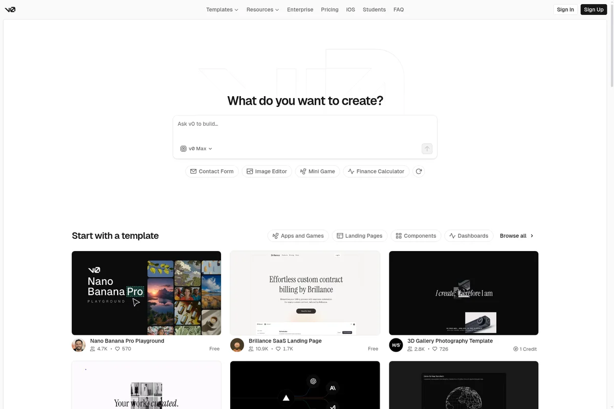 v0 homepage workspace showing the 'What do you want to create?' prompt and diverse templates in a clean, modern interface.
