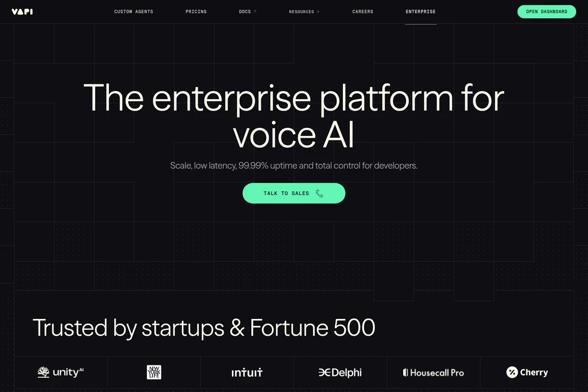 Vapi enterprise platform hero section displaying the value proposition for voice AI and trusted partners on a dark-themed background.