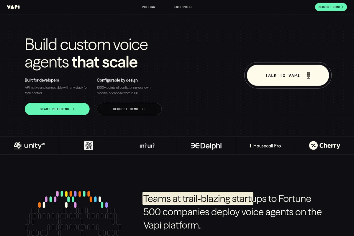 Vapi AI voice agent platform landing page showcasing its 'Build custom voice agents that scale' hero section with a dark theme and interactive elements.