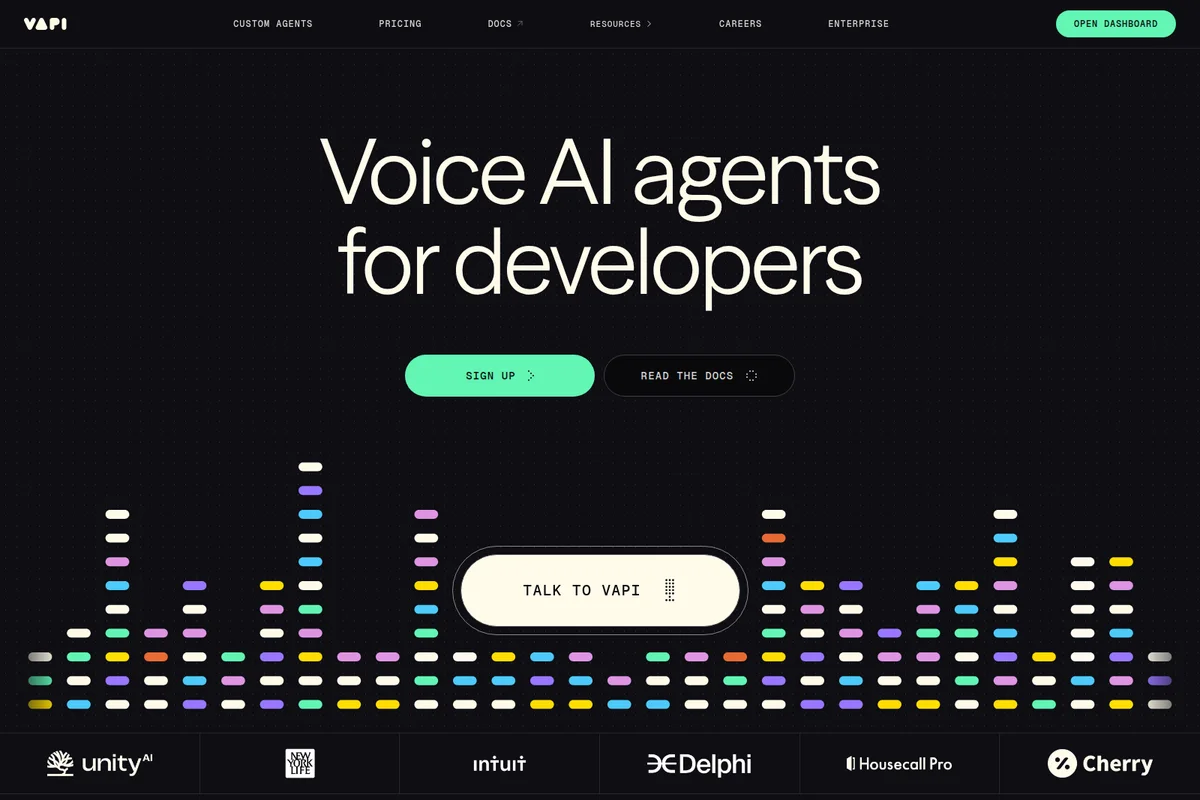 Vapi homepage hero section featuring 'Voice AI agents for developers' headline, call-to-action buttons, and an interactive audio visualization.