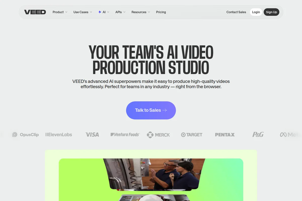 Veed.io landing page hero section showcasing 'Your Team's AI Video Production Studio' and featuring top client logos.