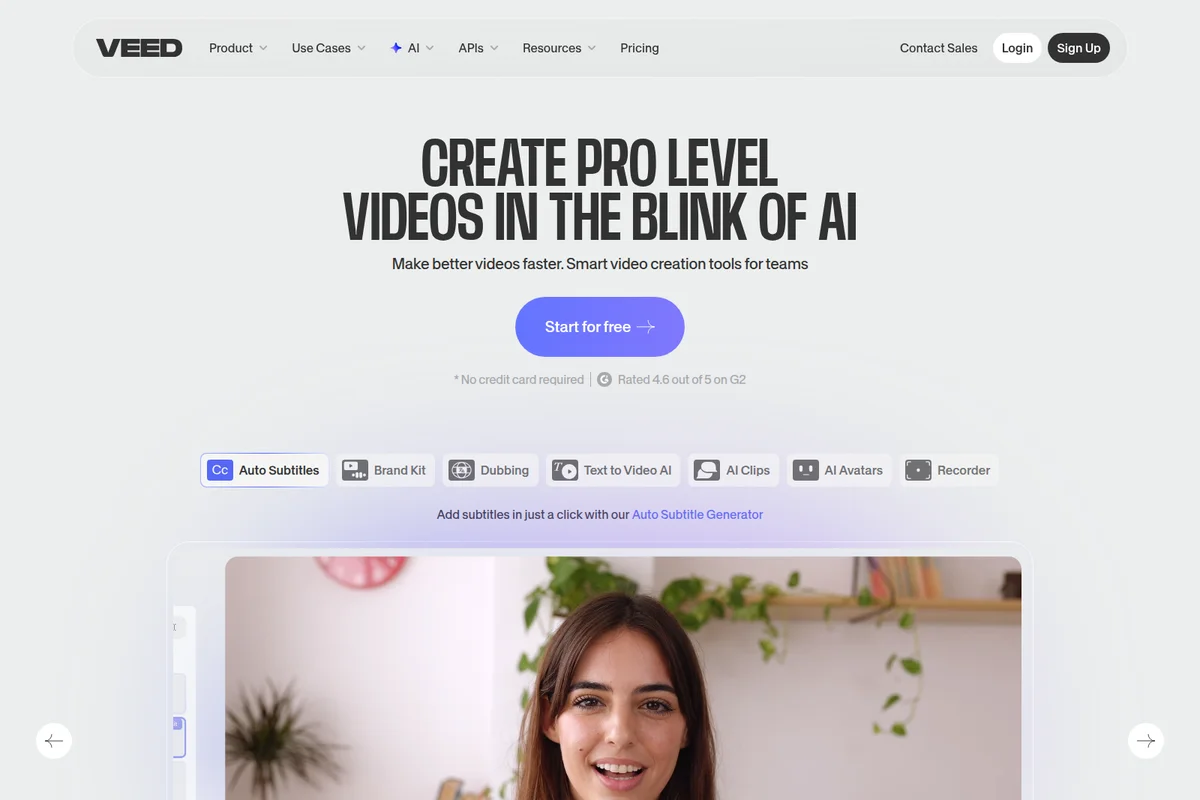VEED.io homepage hero section showcasing AI-powered video creation features with a clean, modern light theme interface.