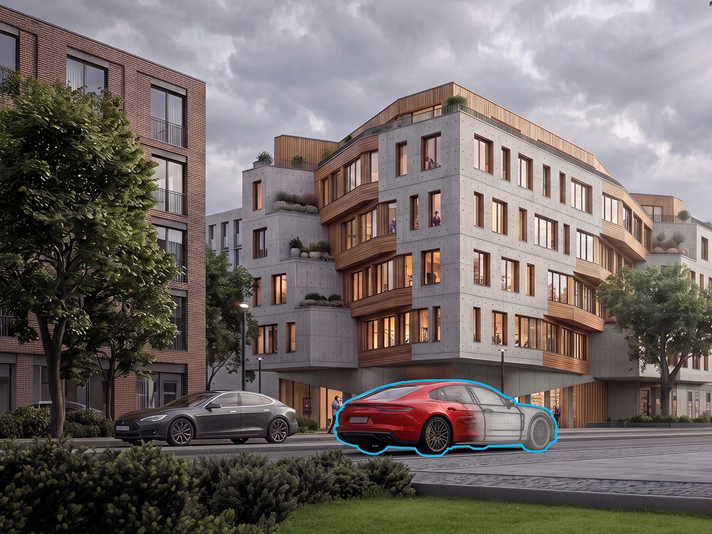 veras AI rendering assistant demonstrating a red car transforming from a 3D wireframe model to a photorealistic render within an urban architectural visualization.