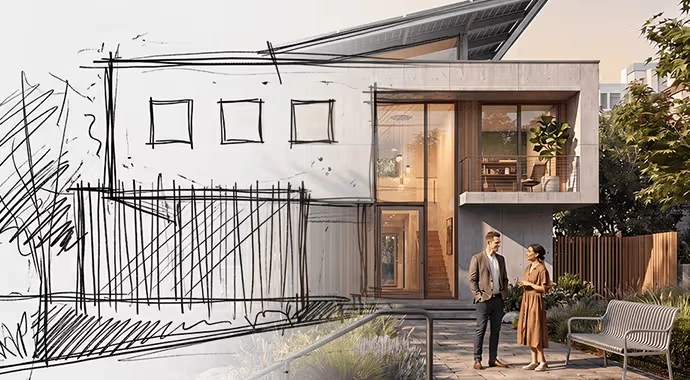 Veras output sample of a modern house, showing its transformation from an architectural sketch to a photorealistic rendering, with a couple in front.