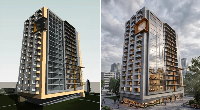 Veras architectural rendering showing transformation from a basic 3D model to a photorealistic modern building with reflections.