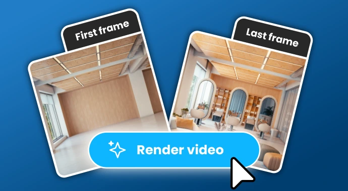 Veras feature deep dive showing a 'first frame' of an empty room and a 'last frame' of a furnished salon, with a 'Render video' button.