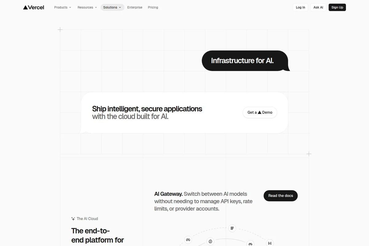 Vercel AI Solutions page explaining infrastructure and cloud for AI with a modern, clean interface and speech bubble graphic.