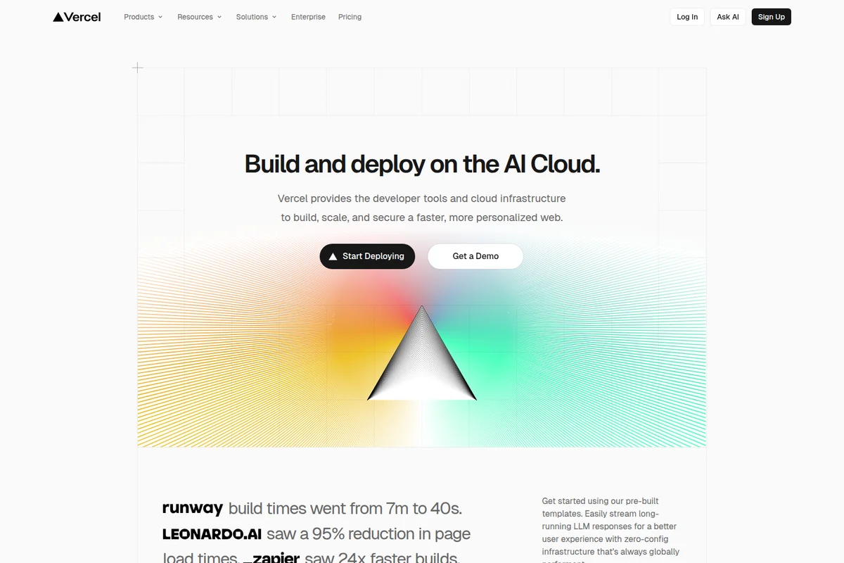 Vercel homepage hero section showcasing "Build and deploy on the AI Cloud" with a modern abstract graphic.