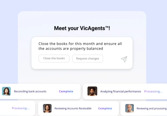 Vic-AI workspace showing AI agents managing financial tasks and prompting for book closing approval with a clean, modern interface.