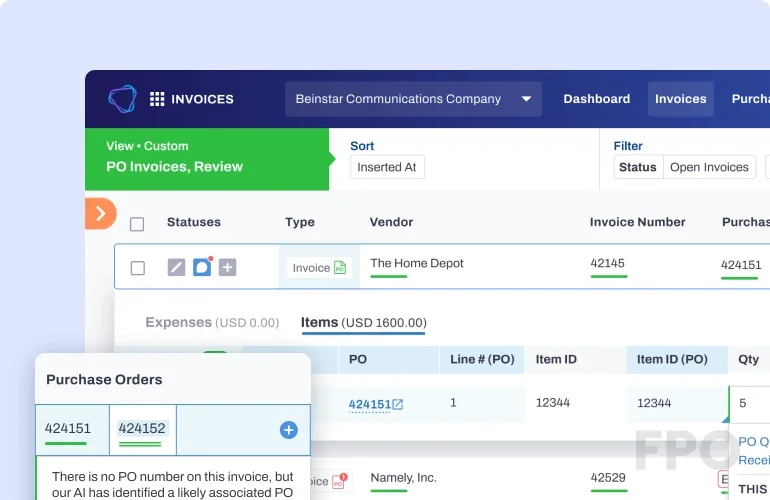 Vic.ai invoice management workspace showing AI-identified purchase orders associated with an invoice in a modern, clean interface.