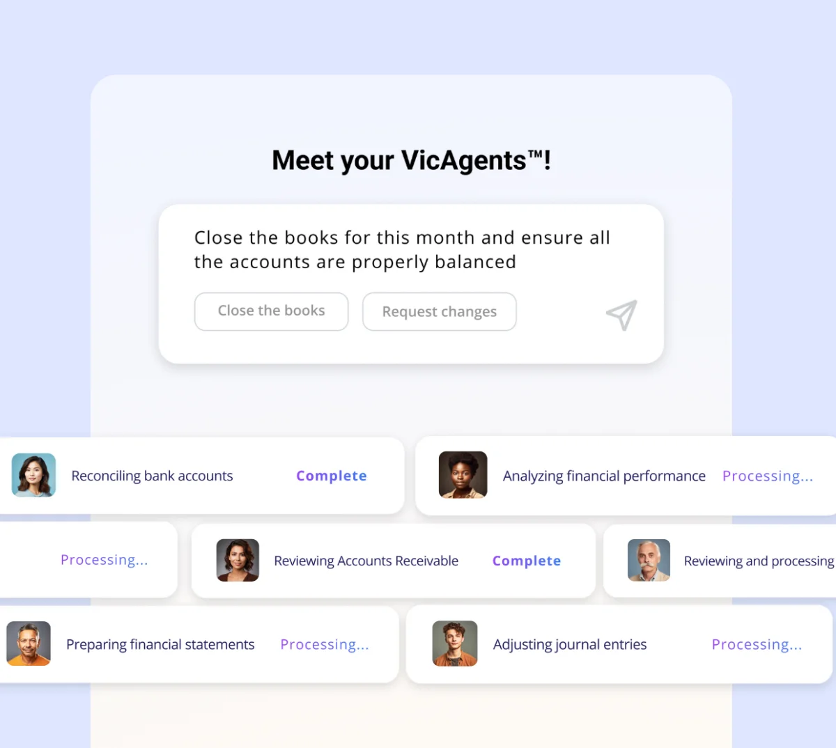 Vic-AI agent workspace showing financial closing tasks and progress tracking with a clean conversational interface.